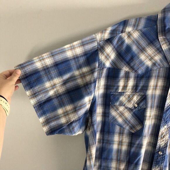 Wrangler Wrancher Mens Size 3X Blue Plaid Pearl Snap Shirt Cowboy Farmer Classic - Picture 5 of 16
